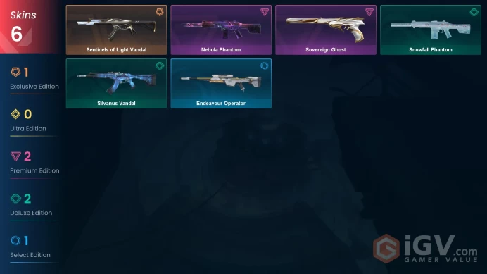 EU | 6 Skins | Bronze | Level 25 | VP Value 9150 | Sentinels of Light Vandal | Nebula Phantom | Sovereign Ghost | 