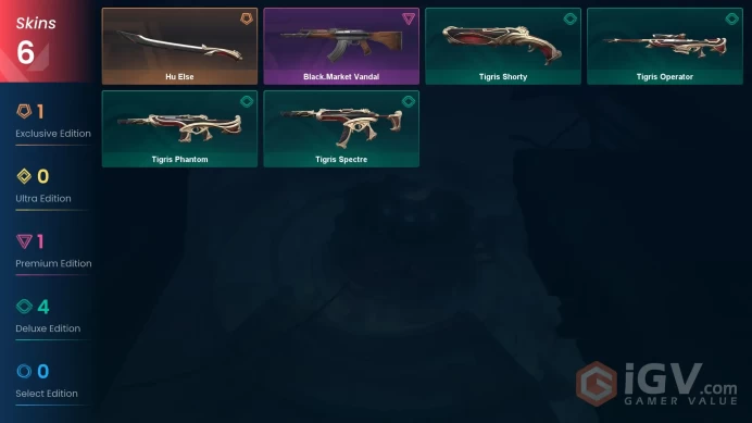 EU | 6 Skins | Platinum | Level 32 | VP Value 9425 | Tigris Bundle | Black.Market Vandal | 37 Buddies |