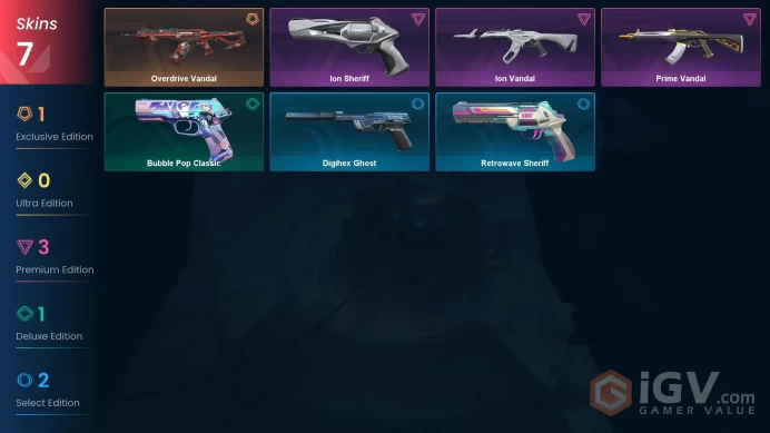 EU | 7 Skins | Gold | Level 119 | VP Value 7500 | Overdrive Vandal | Prime Vandal | Ion Sheriff |