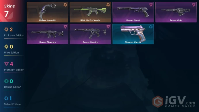 EU | 7 Skins | Silver 3 | Level 59 | VP Value: 13625 | Reaver Bundle | RGX 11z Pro Vandal | Reaver Spectre | Buddies 47 |
