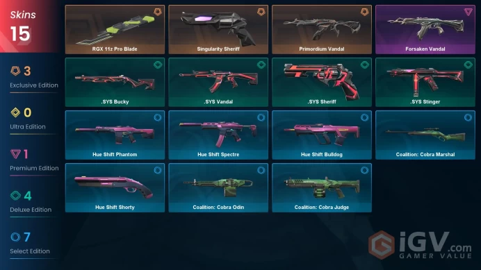 EU | 15 Skins | Diamond | Level 54 | VP Value 11475 | RGX 11z Pro Blade | Singularity Sheriff | Primordium Vandal | Full Access | Full Details B