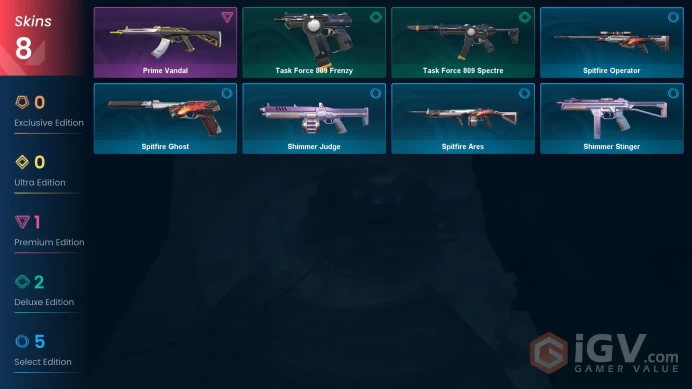 EU | 8 Skins | Gold | Prime Vandal | 1 Battlepasses | Level 35 | Agents 6 | Buddies 31 | 