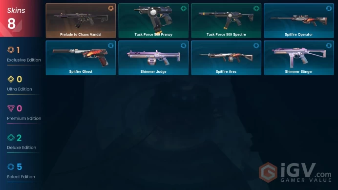 EU | 8 Skins | Iron | Prelude to Chaos Vandal | Battlepasses 1 |Level 23 | Agents 3 | Buddies 11 |