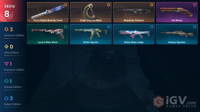 EU | 8 skins | Platinum 2 | Level 34 | VP Value: 12925 | Origin Crescent Blade | Singularity Phantom | Oni Shorty | Buddies 37 |
