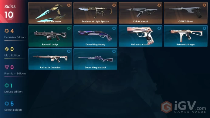 EU | 10 Skins | Iron | Level 22 | VP Value 11875 | Araxys Bio Harvester | CYRAX Ghost | CYRAX Vandal | Sentinels of Light Spectre | Full Details