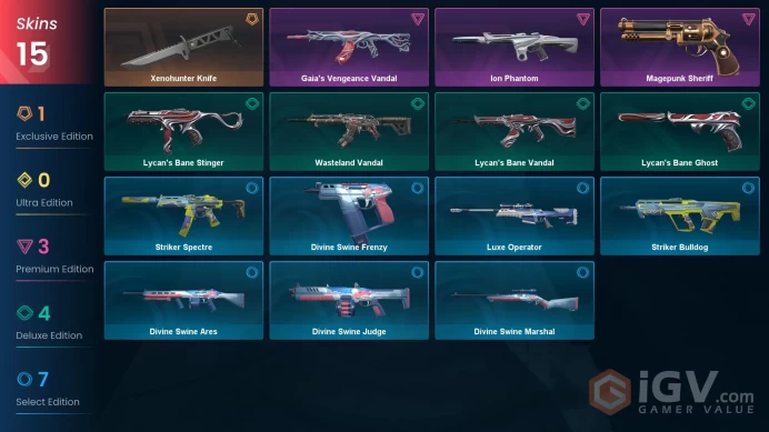 EU | 15 skins | Gold 3 | Level 39 | VP Value: 12025 | Xenohunter Knife | Ion Phantom | Gaia's Vengeance Vandal | Agent 10 | Buddies 44 | Full De