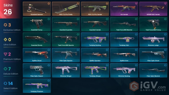 EU | 26 skins | Diamond 1 | Level 42 | VP Value: 12075 | RGX 11z Pro Firefly | RGX 11z Pro Vandal | Guardrail Hammer | Buddies 53 | Full Details