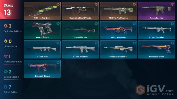EU | 13 skins | Gold 3 | Level 26 | VP Value: 12350 | RGX 11z Pro Blade | RGX 11z Pro Phantom | Sentinels of Light Vandal | Buddies 19 | Full De