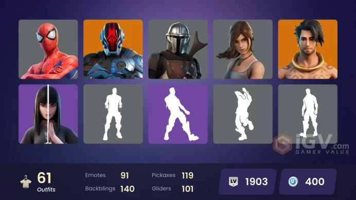  PC  61 SKINS  Spire Assassin  Predator  Mandalorian  Ronin  Raz  Kymera  400 VBUCKS  FQ7xv 
