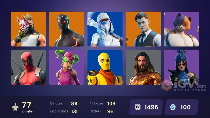  PC  77 SKINS  The Visitor  Valeria  Fade  Gear Specialist Maya  Calamity  Drift  100 VBUCKS  FQjND 