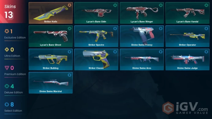 EU | 13 Skins | Platinum 3 | RP Value 330 | Striker Knife | Lycan's Bane Stinger | Buddies 69 | 1 Battlepasses Purchase | 