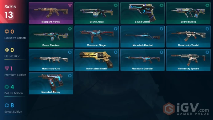 EU | 13 Skins | Gold | Magepunk Vandal | Immortalized Sheriff | Level 50 | 1 Battlepasses Purchase | Buddies 56 |