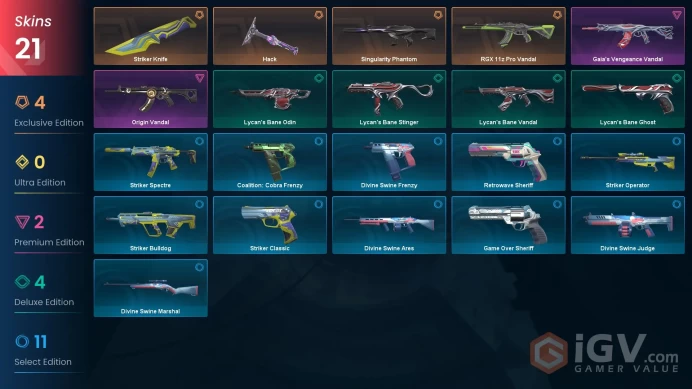 EU | 21 skins | Platinum 3 | Level 114 | VP Value: 12450 | Hack | Singularity Phantom | RGX 11z Pro Vandal | Striker Knife | Buddies 66 | Full D