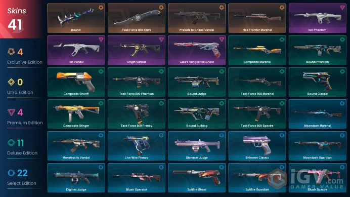 EU | 41 skins | Gold 2 | Level 58 | VP Value: 14450 | Neo Frontier Marshal | Prelude to Chaos Vandal | Bound | Buddies 71 | Full Details Below!