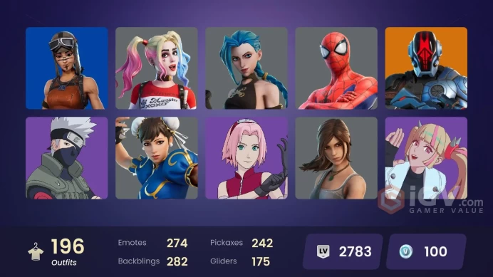 [ALL PLATFORMS]-200 Skin-274 emotes-Renegade Raider-Chun-Li-Arcane Jinx-Arcane Vi-Naruto Skins-MARSHINOBI-Lara Croft-Ghost Face--FULL ACCESS-