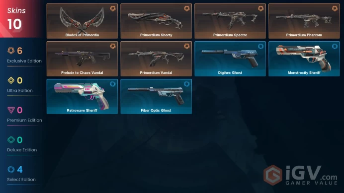 EU | 10 skins | Gold 3 | Level 123 | VP Value: 15225 | Blades of Primordia | Primordium Bundle | Primordium Shorty | Buddies 81 | Full Details B