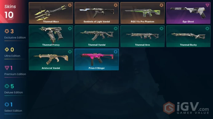 EU | 10 skins | Bronze 2 | Level 24 | VP Value: 15925 | Titanmail Bundle | Sentinels of Light Vandal | RGX 11z Pro Phantom | Buddies 9 | Full De