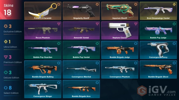 EU | 18 Skins | Platinum | Level 34 | VP Value 16700 | Prime//2.0 Karambit | Evori Dreamwings Vandal | 36 Buddies | Full Access | Full Details B