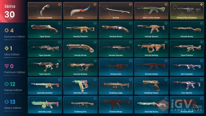 EU | 30 skins | Platinum 1 | Level 52 | VP Value: 16850 | Catrina | Tigris Bundle | RGX 11z Pro Vandal | Velocity Karambit | Buddies 67 | Full D