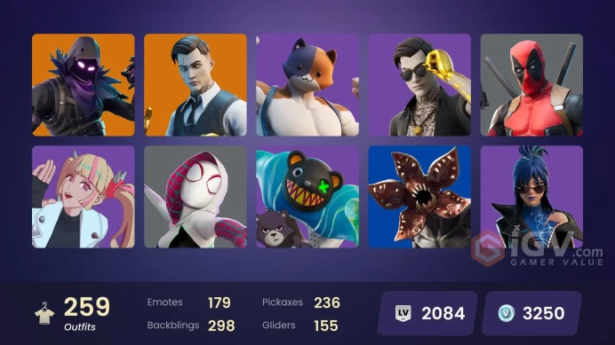 259 skins/full access/gold midas/petrol pump/gold brutus/bird call/sing along/it's vibe/rare emotes/stacked account