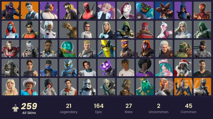 259 skins/full access/gold midas/petrol pump/gold brutus/bird call/sing along/it's vibe/rare emotes/stacked account