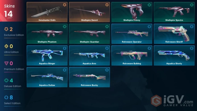EU | 14 Skins | 2 Knifes | Gold | Level 39 | RP 220 | VP Value 4550 | Xenohunter Knife | Shellspire Sword | 35 Buddies |