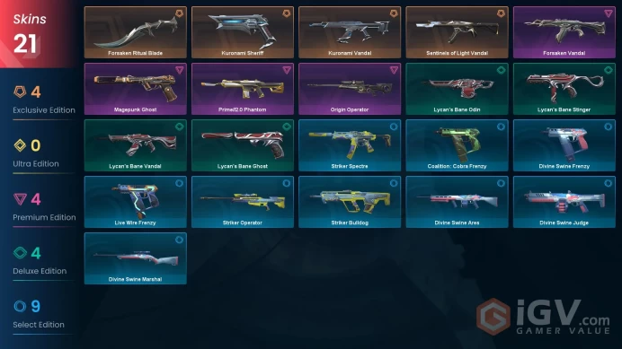 EU | 21 Skins | Gold 3| Level 115 | 1 Battlepasse Purchase| Buddies 99 | Forsaken Ritual Blade | Kuronami Vandal | Full Access | Full Details Be