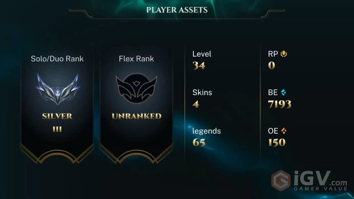  SG  5 SKINS  SILVER 3  65 CHAMPIONS  34 LEVEL  INSTANT DELIVERY  FULL ACCESS  F8z01 