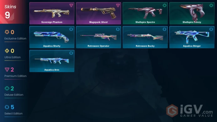 EU | 9 Skins | Gold | Level 30 | VP Value 4550 | Magepunk Ghost | Sovereign Phantom | 24 Buddies |
