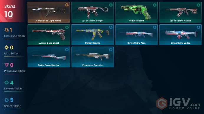 EU | 10 Skins | Gold | Level 26 | VP Value 5325 | Sentinels of Light Vandal | Altitude Sheriff | Endeavour Operator | Full Details Below!