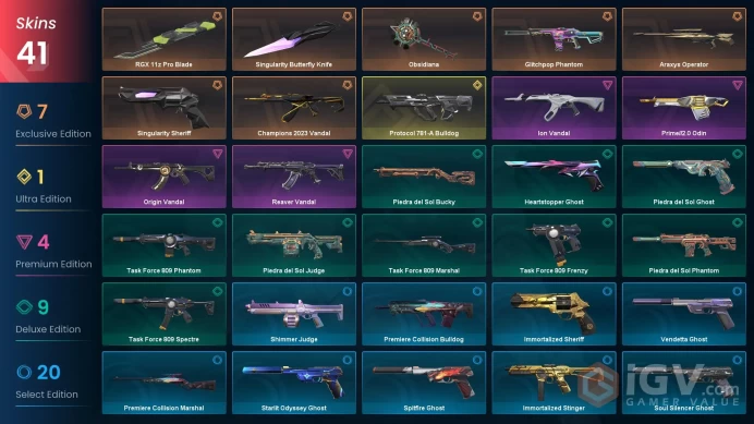 NA | RGX 11z Pro Blade, Singularity Butterfly Knife, Champions 2023 Vandal, Reaver Vandal, Ion Vandal, Glitchpop Phantom, Singularity Sheriff