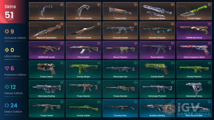 NA / 51 Skins / 6 Knives / Kuronami / Recon / VCT 2025 / Prime / Xerofang / Reaver / Ruination / Celestia / Overlay / Hieroscape  XB11