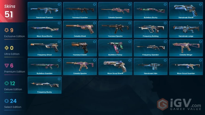 NA / 51 Skins / 6 Knives / Kuronami / Recon / VCT 2025 / Prime / Xerofang / Reaver / Ruination / Celestia / Overlay / Hieroscape  XB11