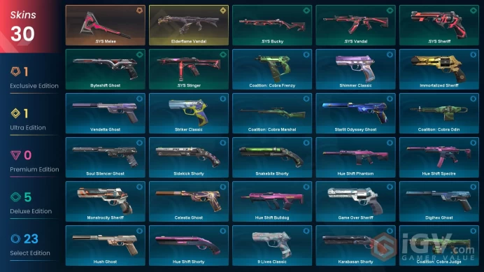 [LATAM] 30 Skins | 1 Knife | Full Acces | Elderflame Vandal /  .SYS Melee / .SYS Vandal / Hue Shift Phantom / Game Over Sheriff|