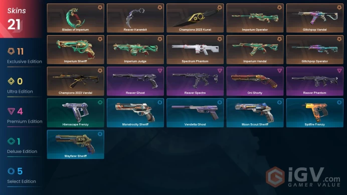 EU+21 skins+45000vp+Bronze 2+Champions 2023 Kunai+Champions 2023 Vandal+Reaver Karambit+Blades of Imperium  4.14.1