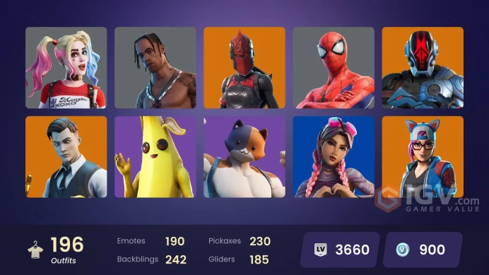 PC/PSN/Xbox/Nintendo 196 skins Travis Scott | Eon | Renee | Andre | Gold Brutus | Gold Midas | Era | Sentinel | Spectra Knight | Red Knight | Ul
