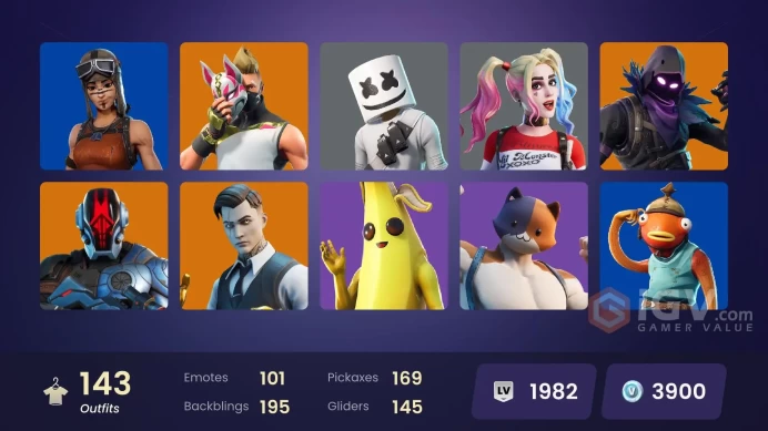 143 skins | Renegade Raider | Gold Brutus | Gold Midas | Blackheart | Joey | Fusion | Raz | Drift | Gear Specialist Maya | Raven | Ronin | Zero