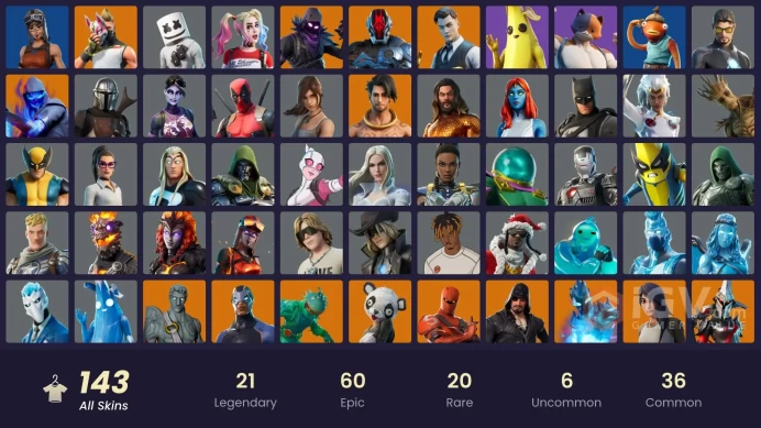 143 skins | Renegade Raider | Gold Brutus | Gold Midas | Blackheart | Joey | Fusion | Raz | Drift | Gear Specialist Maya | Raven | Ronin | Zero