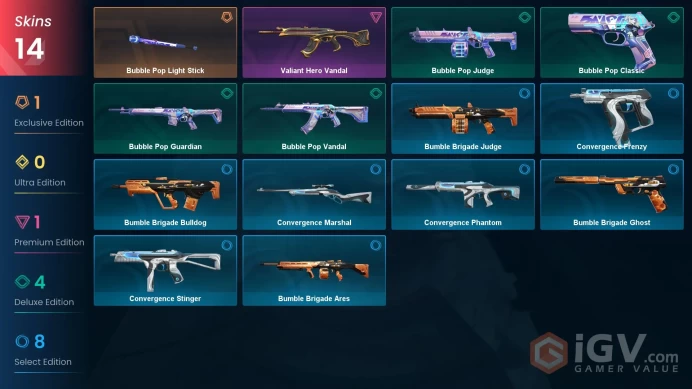 EU Full Access | 14 Skins Bubble Pop Light Stick + Valiant Hero Vandal + Convergence Phantom + Bubble Pop Vandal + more | Bronze 3 Last Rank
