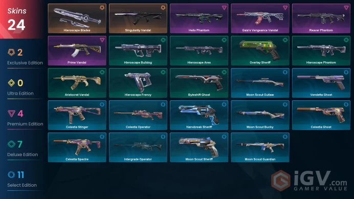 24 Skin // EU-TR // Singularity Vandal + Prime Vandal + Gaia's Vandal + Helix Phantom + Reaver Phantom // FULL Access // Gold 2