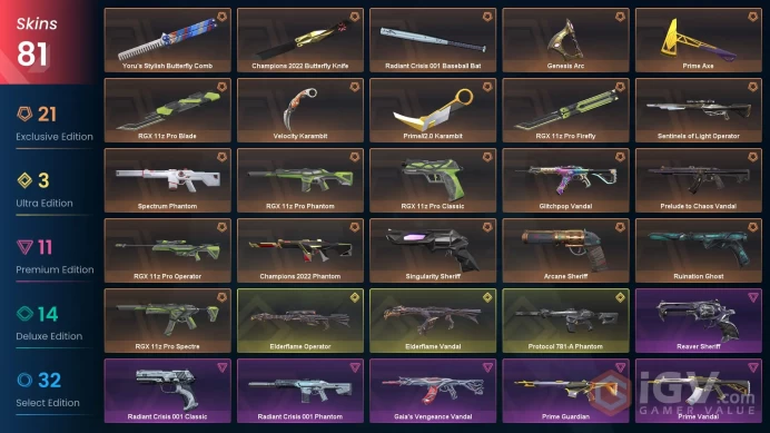 NA - LVL 95 - Unranked - 9 Knifes - 81 Skins (~84,655 VP) RGX 11z Pro Firefly, Champions 2022 Phantom, Prelude to Chaos Vandal, Arcane Sheriff, 