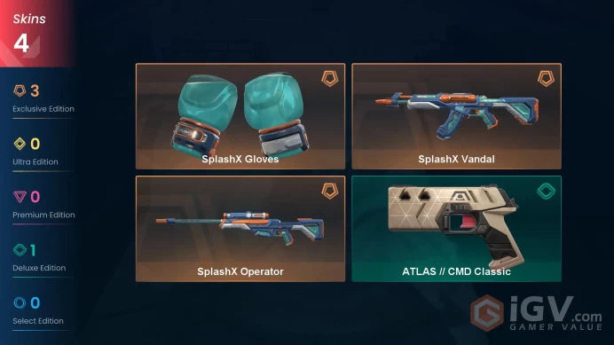 EU - LVL 49 - Unranked - 1 Knife - 4 Skins (~8,700 VP) SplashX Vandal, SplashX Operator, SplashX Gloves