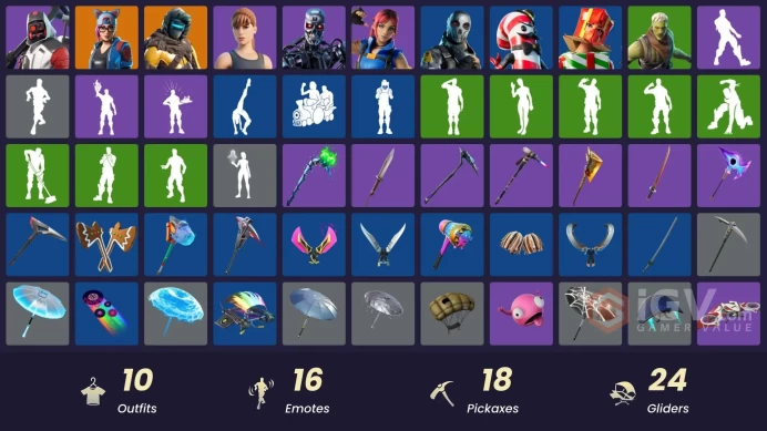 FA | 10 skins | Double Helix | Merry Mint Axe | Zenith | Lynx | Sarah Connor | Explorer Emilie | T-800 | Metal Mouth | Holiday Boxy | Brainiac