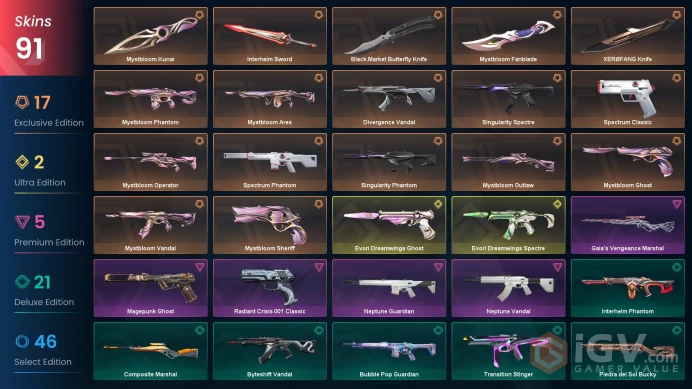 NA | 91 Skins | Mystbloom Bundle, XERØFANG Knife, Neptune Vandal, Evori Dreamwings Spectre, Evori Dreamwings Ghost, Spectrum Phantom