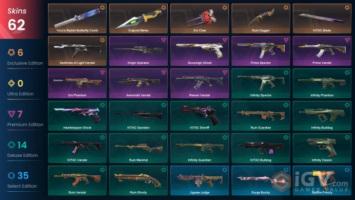 EU+62 skins+Total spent 22000 VP+Silver 1+Oni Claw+Yoru's Stylish Butterfly Comb+Sentinels of Light Vandal+Reaver Karambit+Reaver Vandal 4.11