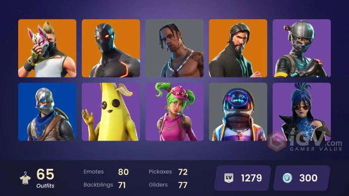 65 skins/full access/travis scott/the reaper/blue squire/take the l/astro jack/mako/deluxe stw/elite agent