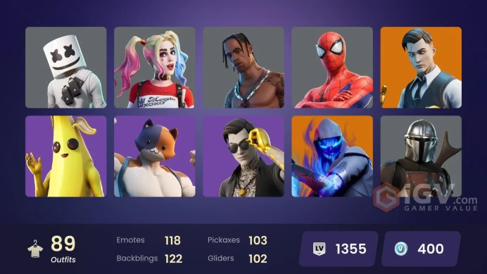 89 skins/full access/travis scott/astro jack/gold midas/bird call/rare emotes/spike/leave the door open/it's vibe