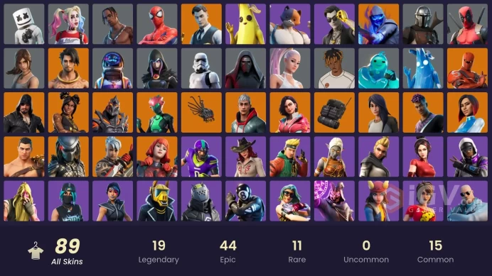 89 skins/full access/travis scott/astro jack/gold midas/bird call/rare emotes/spike/leave the door open/it's vibe