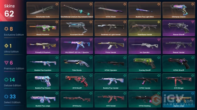 EU Level 280 61 Skins 27 Agents Kuronami Sheriff Ion Operator Sentinels of Light Vandal Reaver Vandal Ion Operator Re...