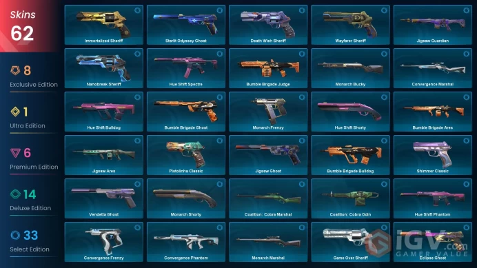 EU Level 280 61 Skins 27 Agents Kuronami Sheriff Ion Operator Sentinels of Light Vandal Reaver Vandal Ion Operator Re...